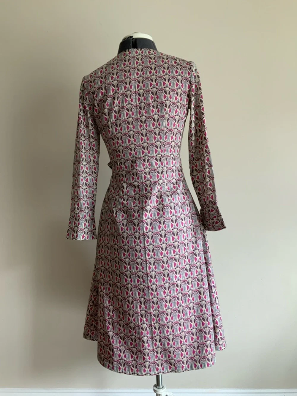 Liberty Print Wrap-Style Long Sleeve Dress in Pink and Cream - Picture 2 of 7